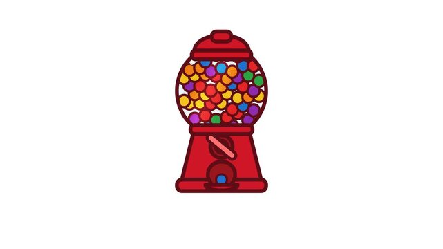 Red Gumball Machine Animation with Transparent Glass Top and Rotating Colorful Candies Inside, Symbol of Fun, Sweets, Treats, Entertainment and Childhood Joy Concept