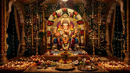 Fototapeta premium Grand ganesh chaturthi altar with thousands of lights