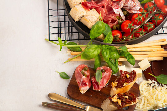 Mediterranean appetizers or antipasto, assorted Italian food.