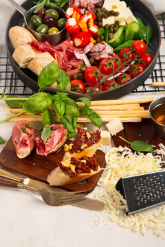 Mediterranean appetizers or antipasto, assorted Italian food.