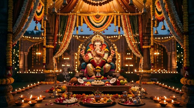 Grand ganesha idol in a brightly lit decorative festival pandal