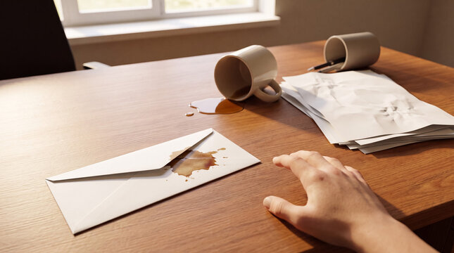 Spilling coffee onto an envelope and a wooden desk, marking a morning workplace mishap