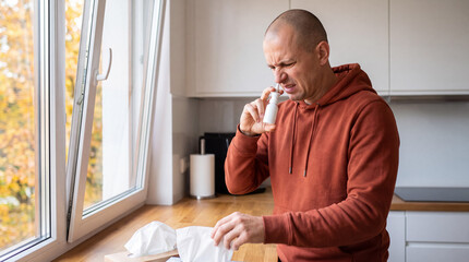 Fototapeta premium Man feeling discomfort using nasal spray for seasonal allergies, cold, or flu symptoms at home