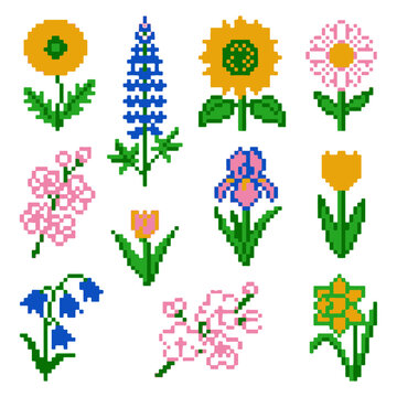 Pixel Art Flowering Plants for Digital Design and Retro Game Assets