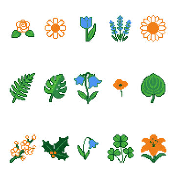 Pixel Flower and Plant Game Icons for Spring Garden Digital Designs