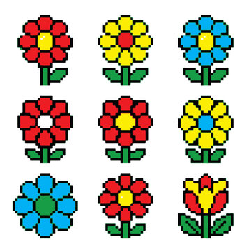 Pixel Flower 8 bit Game Art Pattern with Colorful Retro Blossom Designs