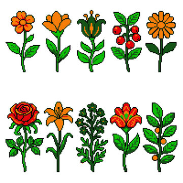 Pixel Flower and Plant Set Retro Game Art Collection for Digital Design Projects