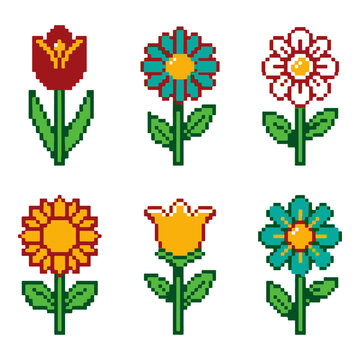 Pixel Flower Art Collection for Retro Game Design and Digital Graphic Assets