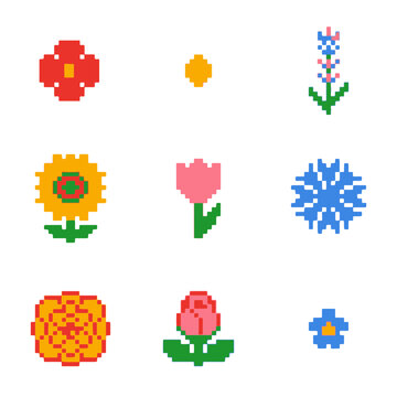 Pixel Flower Art Collection for Retro Game Design and Digital Spring Decor