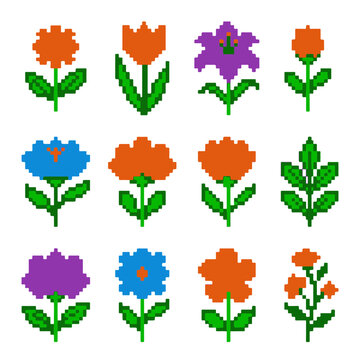 Pixel Flower Art Set Diverse 8 bit Digital Blossoms for Retro Game Design