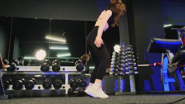 Athletic woman does plyometric exercises in gym slow motion. Young sportswoman in tracksuit jumps and stands in plank at sports club