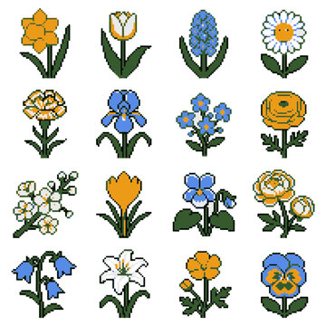 Pixel Flower Art Collection Vibrant Spring Garden Flora Icons for Retro Digital Designs