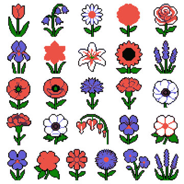 Pixel Flower Art Set Diverse Collection of Retro 8 bit Floral Icons for Digital Design