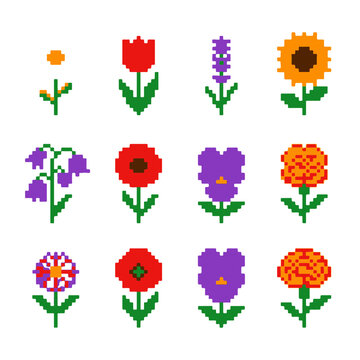 Pixel Flower Assortment in Retro 8 bit Style for Digital Graphics and Game Design