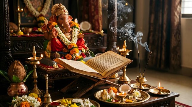 Ganesha idol with religious scripture and ritual offerings