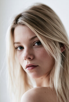 Emotionales Beauty-Portr&auml;t einer jungen blonden Frau mit intensivem Blick und hellen Augen. Nat&uuml;rliches Fensterlicht, authentische Sch&ouml;nheit, feine Gesichtsz&uuml;ge und moderner Editorial-Look.