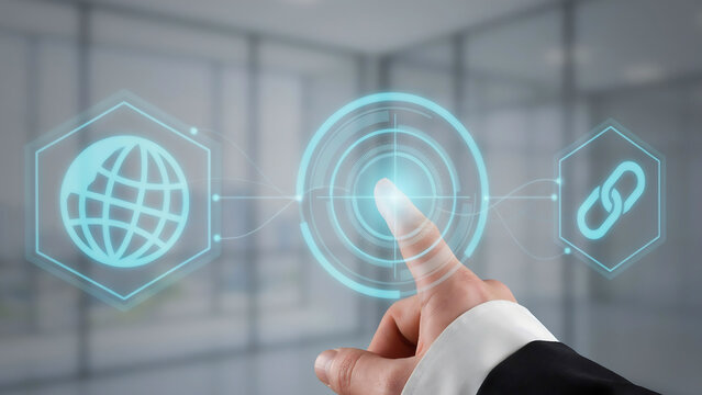 Businessman finger pressing glowing digital target interface between globe and chain link icons for global business connectivity