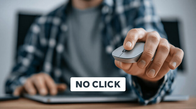 Mann klickt bewusst nicht auf eine Schaltfl&auml;che mit &bdquo;NO CLICK&ldquo;. Konzept f&uuml;r Cybersicherheit, Phishing-Pr&auml;vention, Online-Betrug, Datenschutz und vorsichtiges Verhalten im Internet.