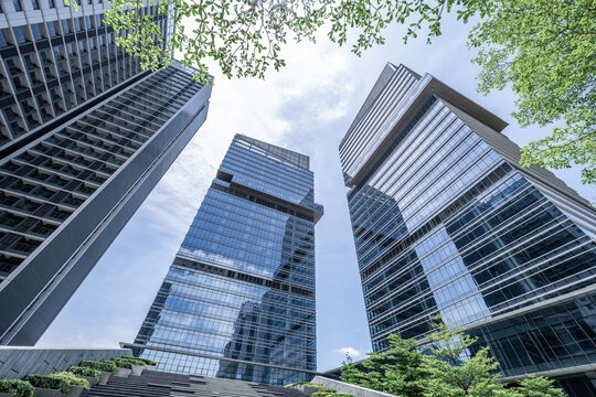 Low-angle view of the CBD building complex in Cuiheng New District, Zhongshan City, China.