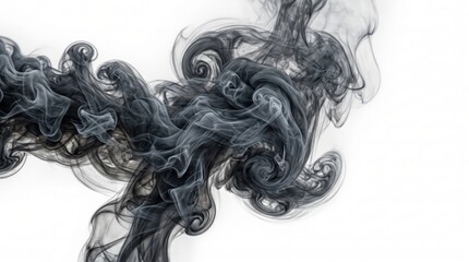 Fototapeta premium Close-up of dark gray smoke swirling dynamically on a white background, with rich texture and smooth movement.