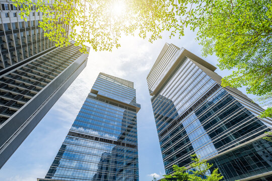 Low-angle view of the CBD building complex in Cuiheng New District, Zhongshan City, China.