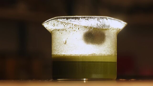 Barista whisks rested matcha in clear pitcher at cafe counter. Woman uses handheld frother lifting soft bubbles through green tea base