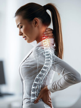 Junge Frau mit R&uuml;ckenschmerzen h&auml;lt sich an die H&uuml;fte, w&auml;hrend eine medizinische Darstellung der Wirbels&auml;ule eingeblendet ist. Konzept f&uuml;r Orthop&auml;die, Physiotherapie und R&uuml;ckengesundheit.