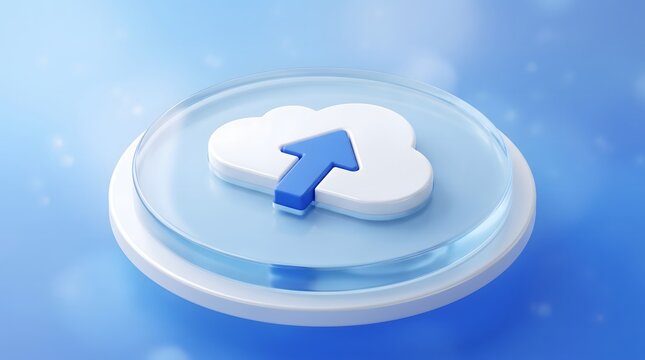 A three dimensional icon of a white cloud with a blue arrow pointing upwards resting on a glass circular platform against blue