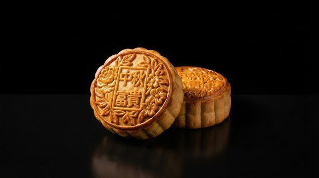 Two traditional mooncakes with intricate patterns on a dark background representing the beautiful and cultural mid autumn festival in china celebration event