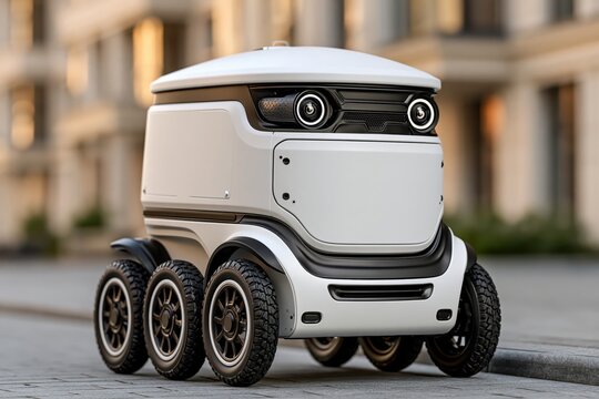 Autonomous delivery robot with smart technology on urban street view