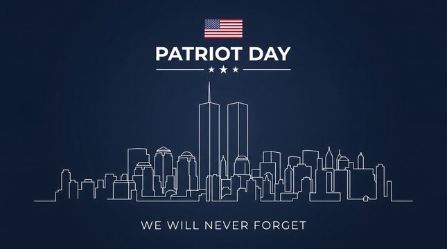 A minimalist patriot day background featuring a stylized white outline of the new york city skyline against a dark blue gradient backdrop