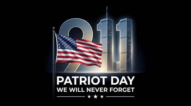 Patriot day memorial graphic featuring the american flag and twin towers silhouette with the text we will never forget on black background