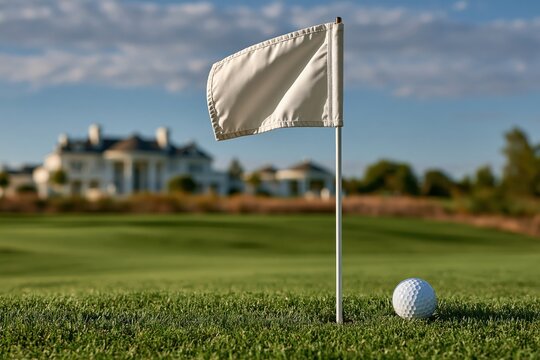 Golf flag and ball on green course near luxury clubhouse professional