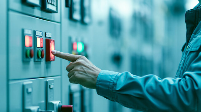 Hand dr&uuml;ckt roten Not-Aus-Schalter an einer industriellen Steueranlage. Symbol f&uuml;r Maschinensicherheit, Produktionsstopp, Arbeitsschutz, Notabschaltung und Industrieautomation.