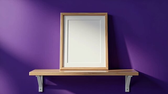 Wooden frame with blank canvas gradually shifts position on a light wooden shelf against a vibrant purple wall, showcasing a clean and modern aesthetic