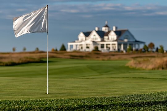 Golf flag on green course with luxury clubhouse in background blurred