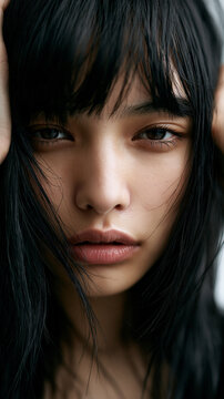 Nahaufnahme eines asiatischen Frauenportr&auml;ts mit dunklem Pony und schwarzem Rollkragenpullover. Ausdrucksstarke Beauty-Fotografie, nat&uuml;rliche Sch&ouml;nh