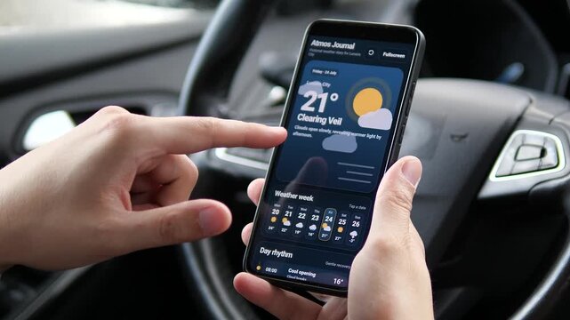 Person checks a changing weekly weather forecast on a smartphone inside a car, highlighting mobile climate awareness, daily planning and rapidly shifting conditions.