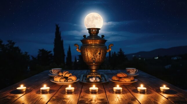 A beautiful antique samovar sits on a wooden table under the full moon during the traditional mid autumn festival in china celebration