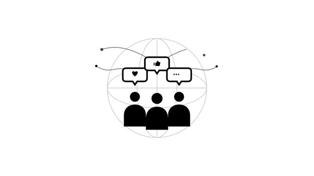 Black and white community icons interact using social speech bubbles in a minimalist animation representing digital collaboration and group networking.