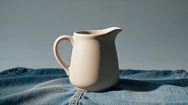 Ceramic pitcher transitions in color from light to dark against a denim backdrop, showcasing the gradual change in hue and texture in a well-lit setting