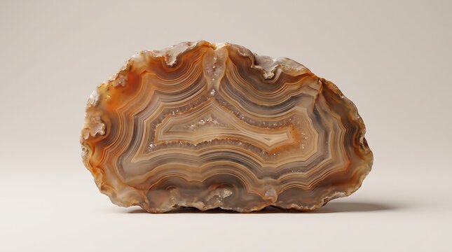 Stunning polished agate geode cut in half revealing intricate natural patterns and layers, beautiful banded mineral formation on white background.