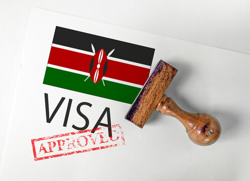 Kenya Visa Approved with Rubber Stamp and flag
