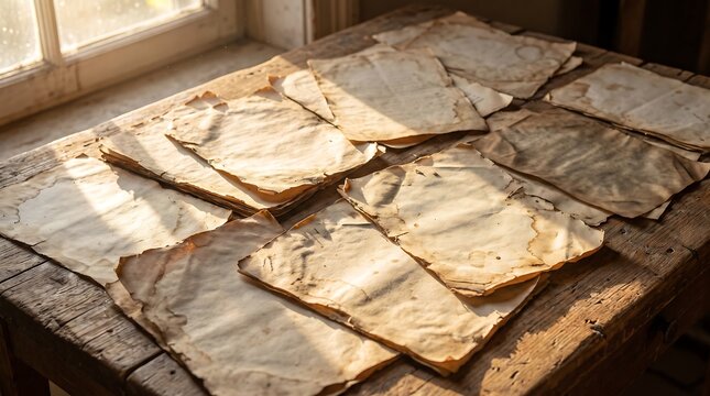 Scattered sheets of old weathered parchment paper laying on a rustic wooden desk illuminated by soft morning sunlight through window for historical atmosphere.