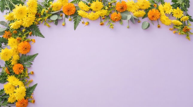 A beautiful floral frame with yellow and orange chrysanthemums on a purple background perfect for celebrating the mid autumn festival in china