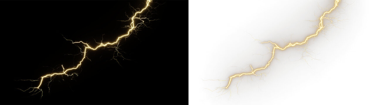 Yellow lightning bolt on a transparent background showing bright yellow lines and sharp edges