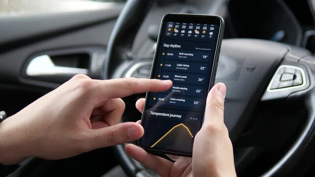 Driver reviews a mobile weather journal with sunshine, temperature and air data, capturing smart travel planning, climate awareness and real-time forecasting on the road.