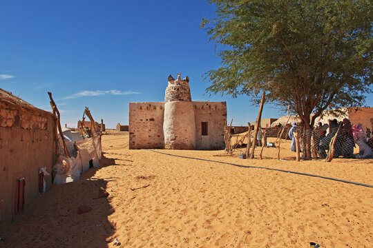 Ancient mosque in the small village in Sahara desert, Mauritania,