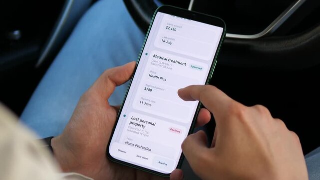 User reviews an insurance claims archive on a smartphone, comparing a vehicle case under review, an approved medical claim and a declined property loss.