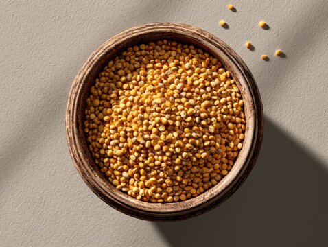 Top view of raw Cajanus Cajan (toor dal) spread neatly in rustic wooden bowl, natural texture visible, soft daylight, minimal organic food photography style, clean composition. 